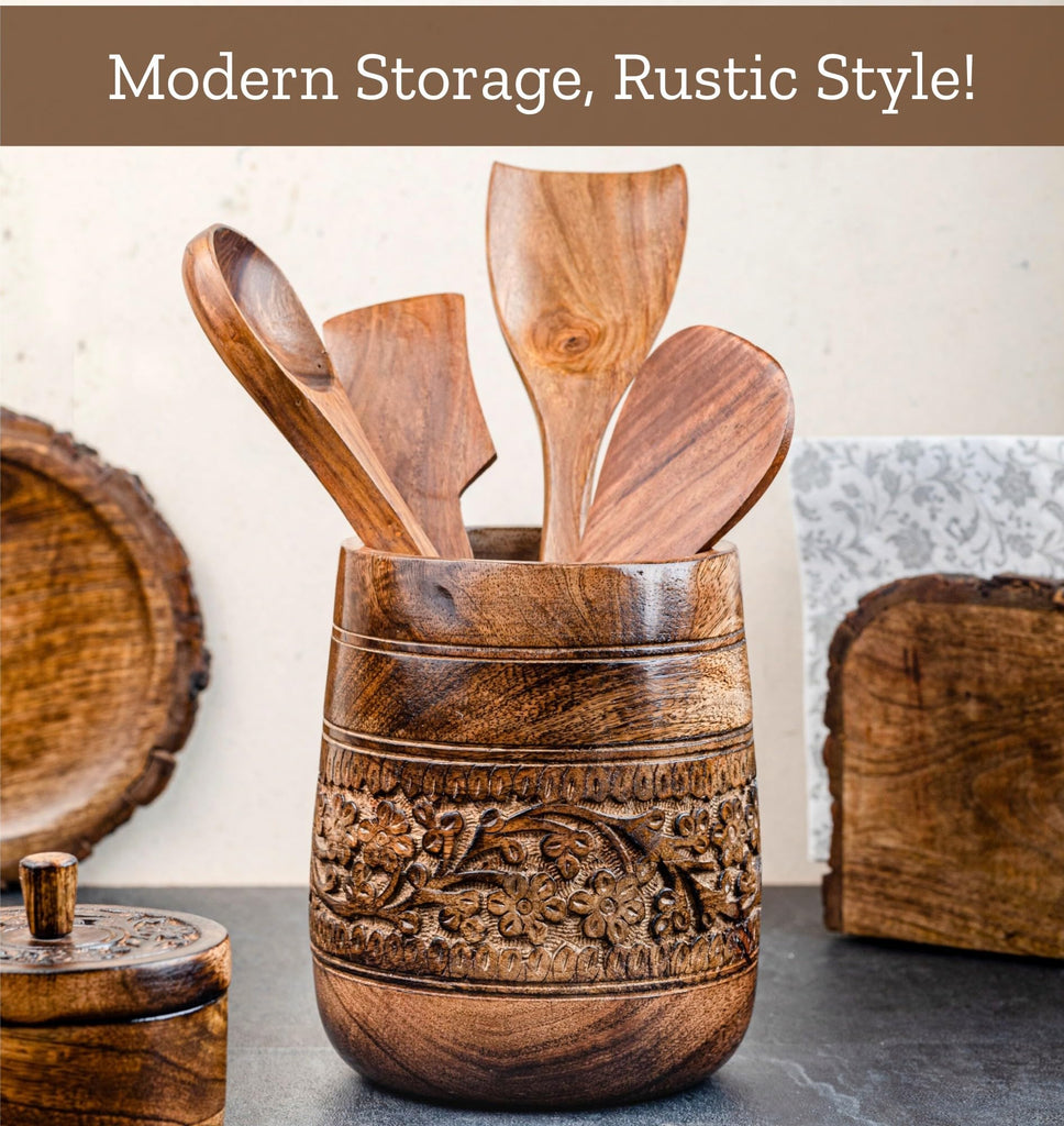 Rustic 7'' Large Utensil Holder, Wooden Kitchen Crock Brown