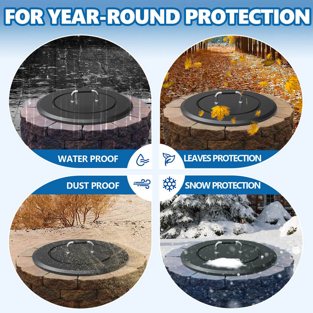 Fire Pit Lid 25.6"-Heavy-Duty Metal Cover with Handle, All-Season Protection
