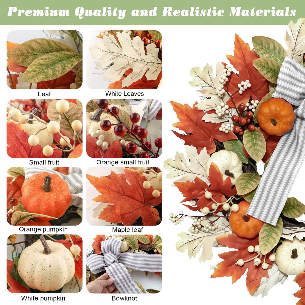 24 Inch Fall Wreaths for Front Door, Home Decor Farmhouse Off White