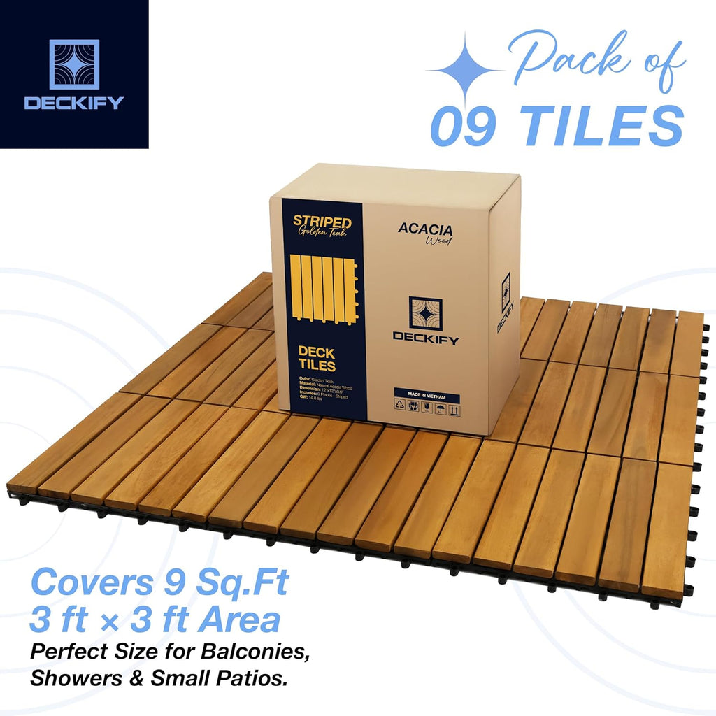 9 Pcs Acacia Wood Interlocking Patio Deck Tiles, 12 x 12 x 0.9 Inch Outdoor Flooring, Waterproof for All-Weather Use
