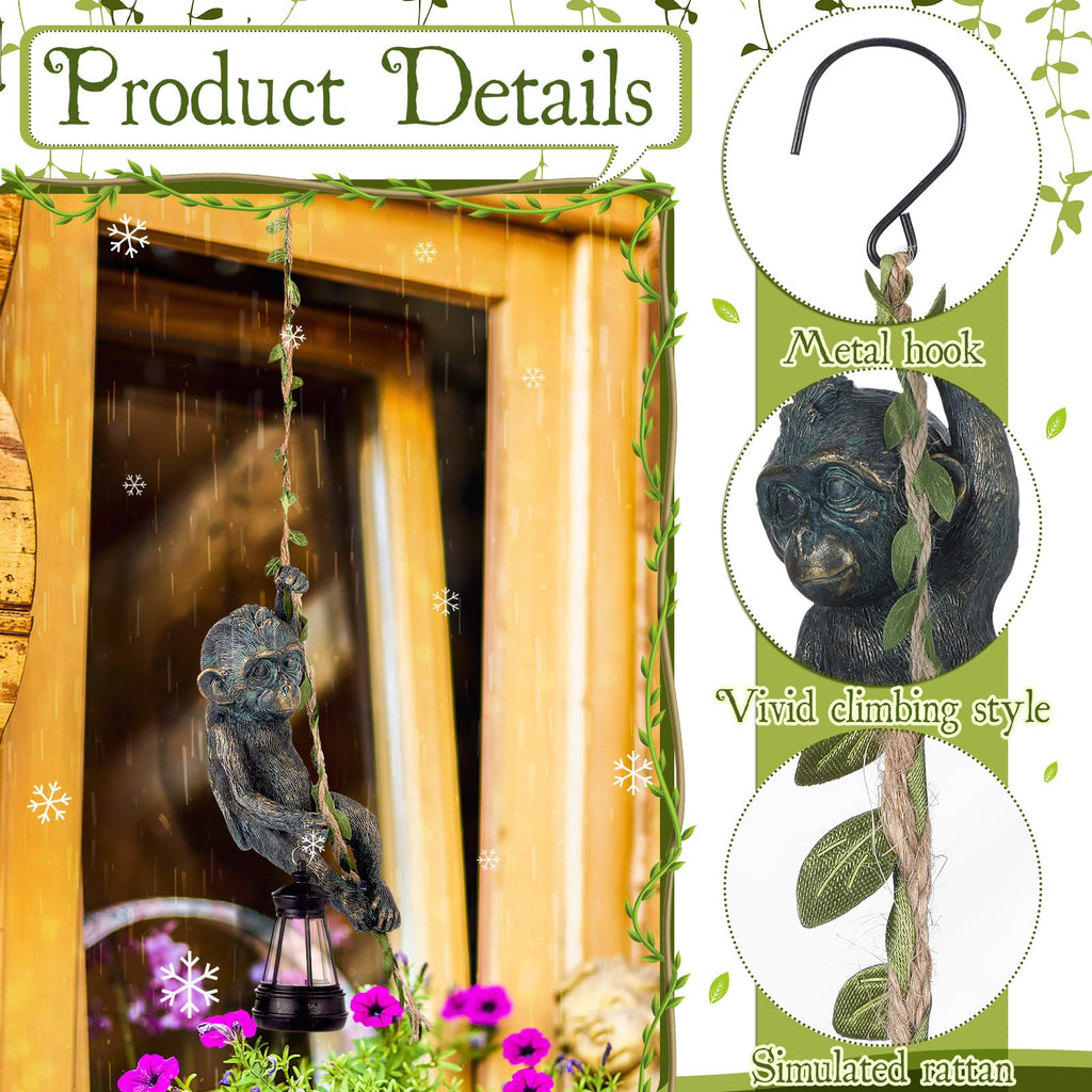 Bronze Solar Monkey Statue, 7.48 inch Resin Chimp with LED Lantern