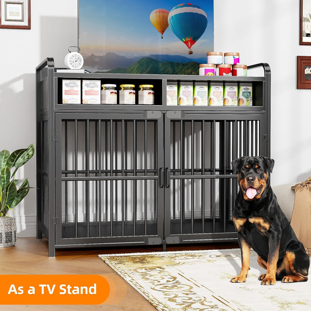 Large Dog Crate Furniture with Drawers Storage, Puppy Dog Kennel Indoor with Double Doors, Heavy Duty Wooden Dog Cage