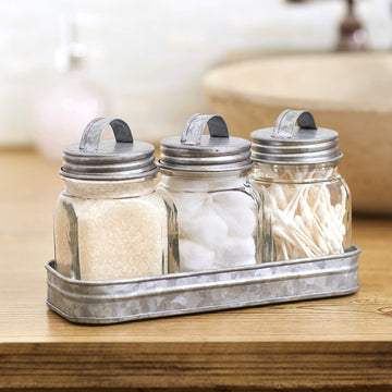 Set of 3 Glass Kitchen Canisters with Galvanized Metal Tray