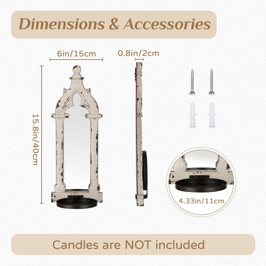 Wall Candle Sconces Set of 2 with Real Mirror, Distressed White