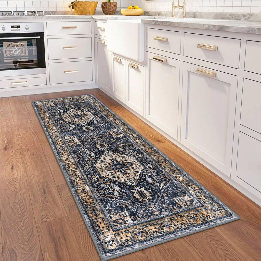 Runners s 2x6 Ft Washable Kitchen Runner Rug Boho Runner Rug Indoor Gold/Orange/Navy Printed Oriental Faux Wool Floor