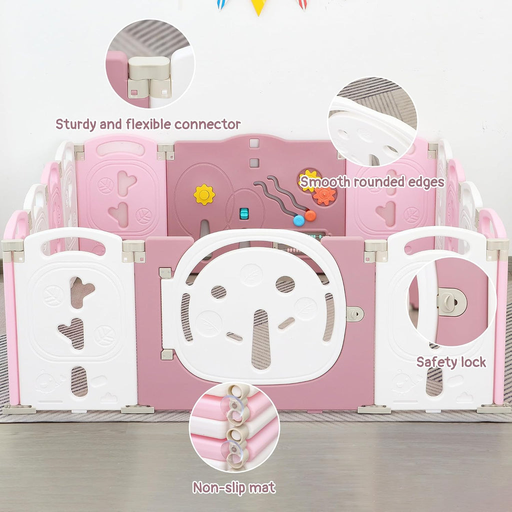 Foldable Baby Playpen, Portable Play Yard for Babies and Toddlers with Safety Lock Gate & Game Panel, Adjustable