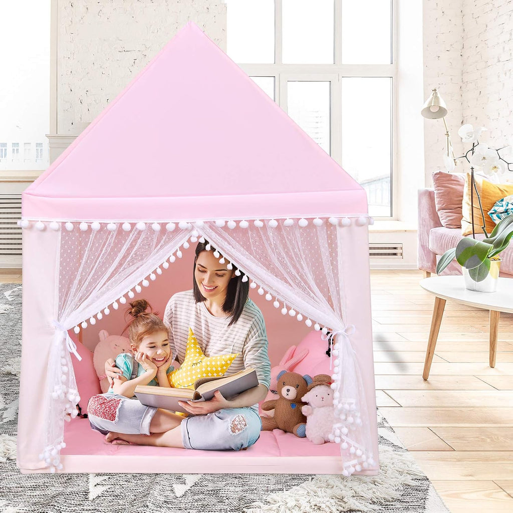 Kids Play Tent, Large Playhouse w/Washable Mat, Windows, Solid Wood Frame, Indoor Outdoor Princess Tent for Children
