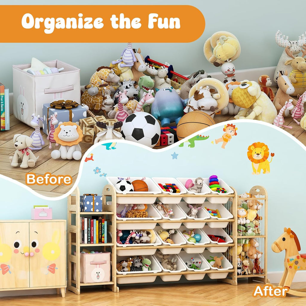 Large Toy Storage Organizer with 16 Bins, 3-Shelf Bookshelf, White | Toy Organizers with Stuffed Animal Storage