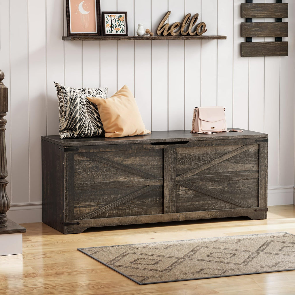 Storage Bench, 47.2" Farmhouse Storage Chest with 2 Safety Hinges, Wooden Storage Organizer, Shoe Bench, Dark Rustic