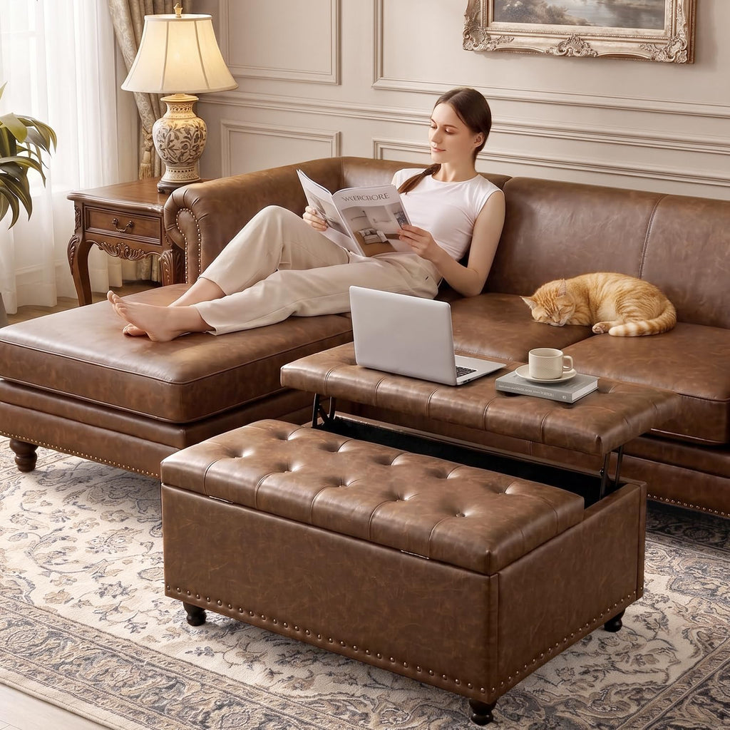 35.5 Inch Large Square Ottoman with Storage, Lift Top, Brown