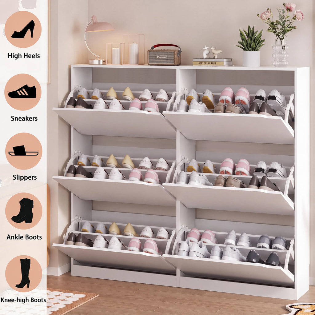 White Hidden Shoe Storage Cabinet with 6 Flip Drawers