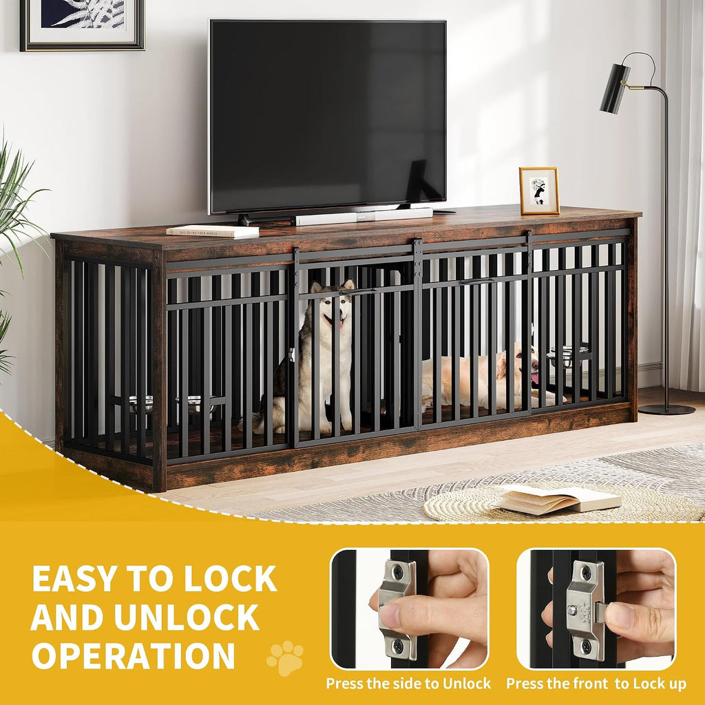 Double Dog Crate Furniture with 4 Dog Bowls