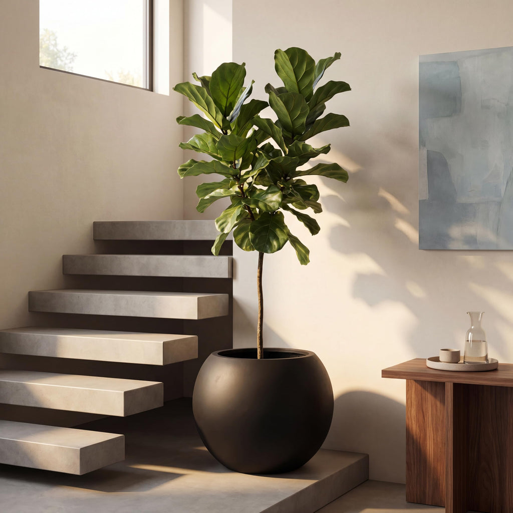 13.5 H x 17" Dia (12" Pot Opening) Black Round Fiberstone Planter with Drainage Hole, Indoor/Outdoor Large Plant Pot