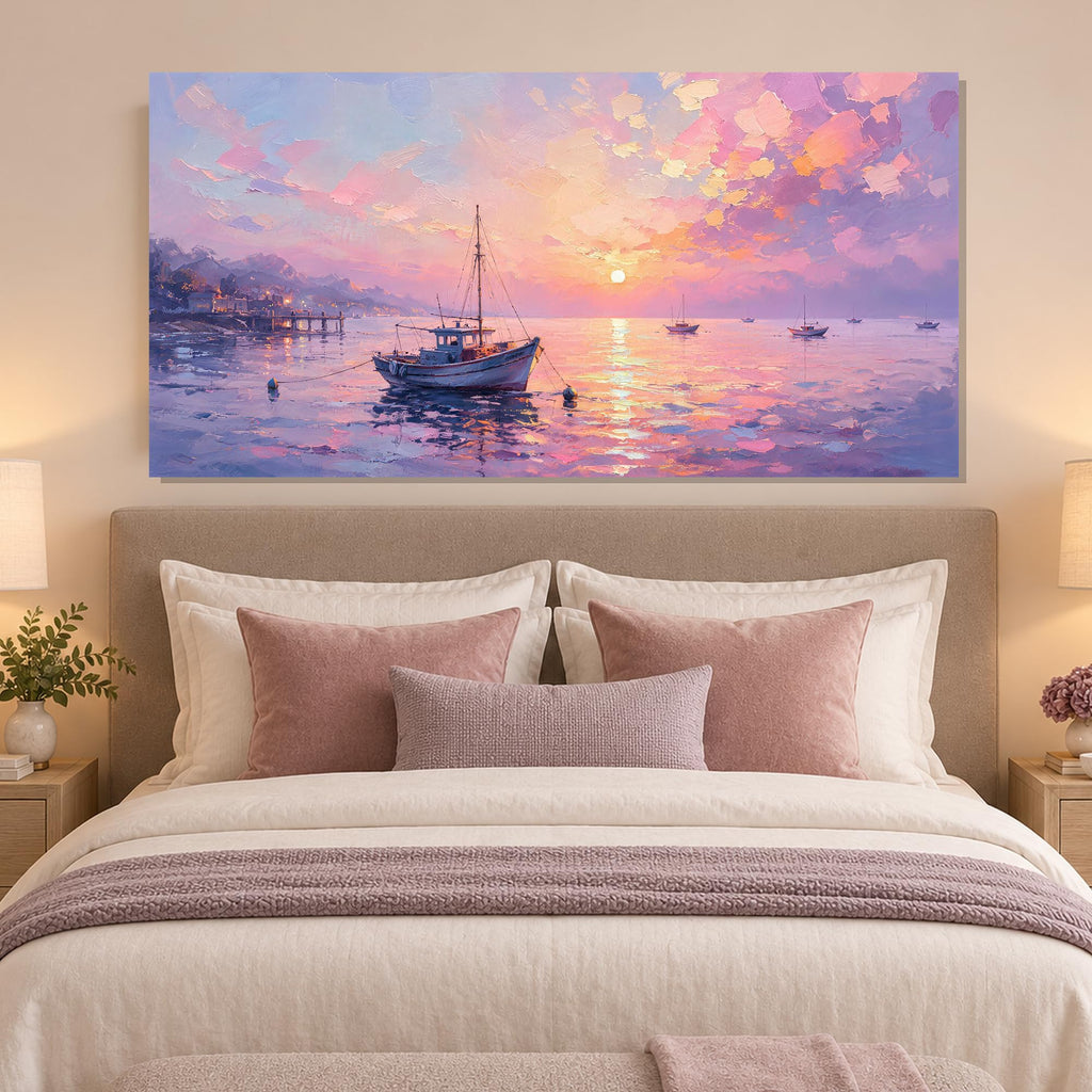 Sailboat Pink Ocean Sunset Canvas Wall Art 40"x20"