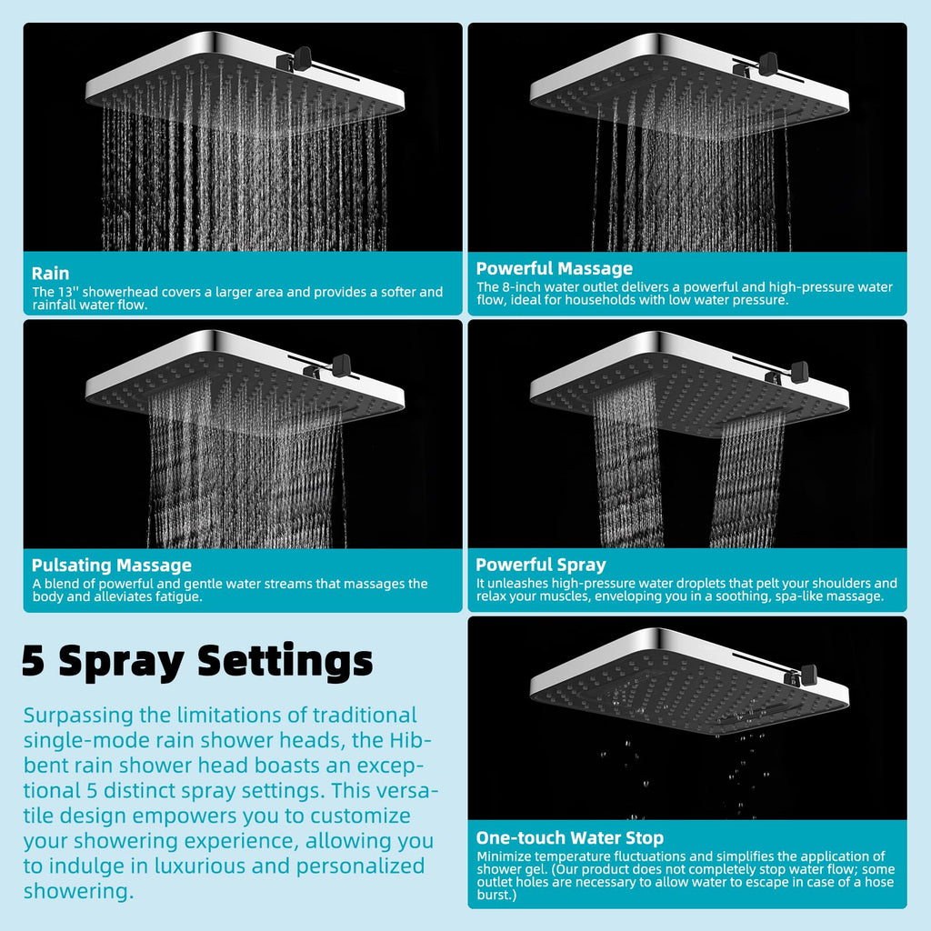 CUPC Certified 5 Spray Modes Shower Head, 13'' High Pressure Large Rainfall Shower Head, High Flow Waterfall Bathroom