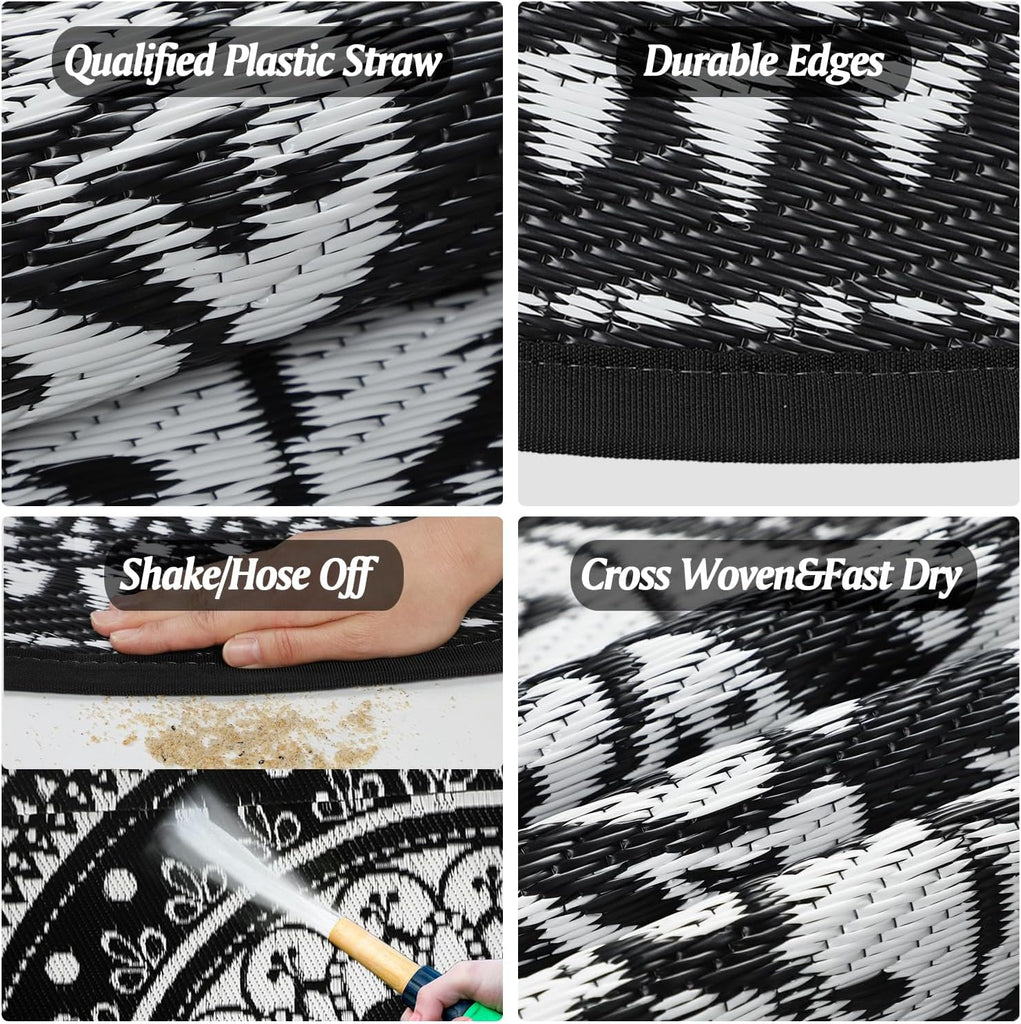 Reversible Outdoor Rugs 6Ft Round Patio Rugs Lightweight Plastic Straw Rug Waterproof RV Camping Mat Portable Area