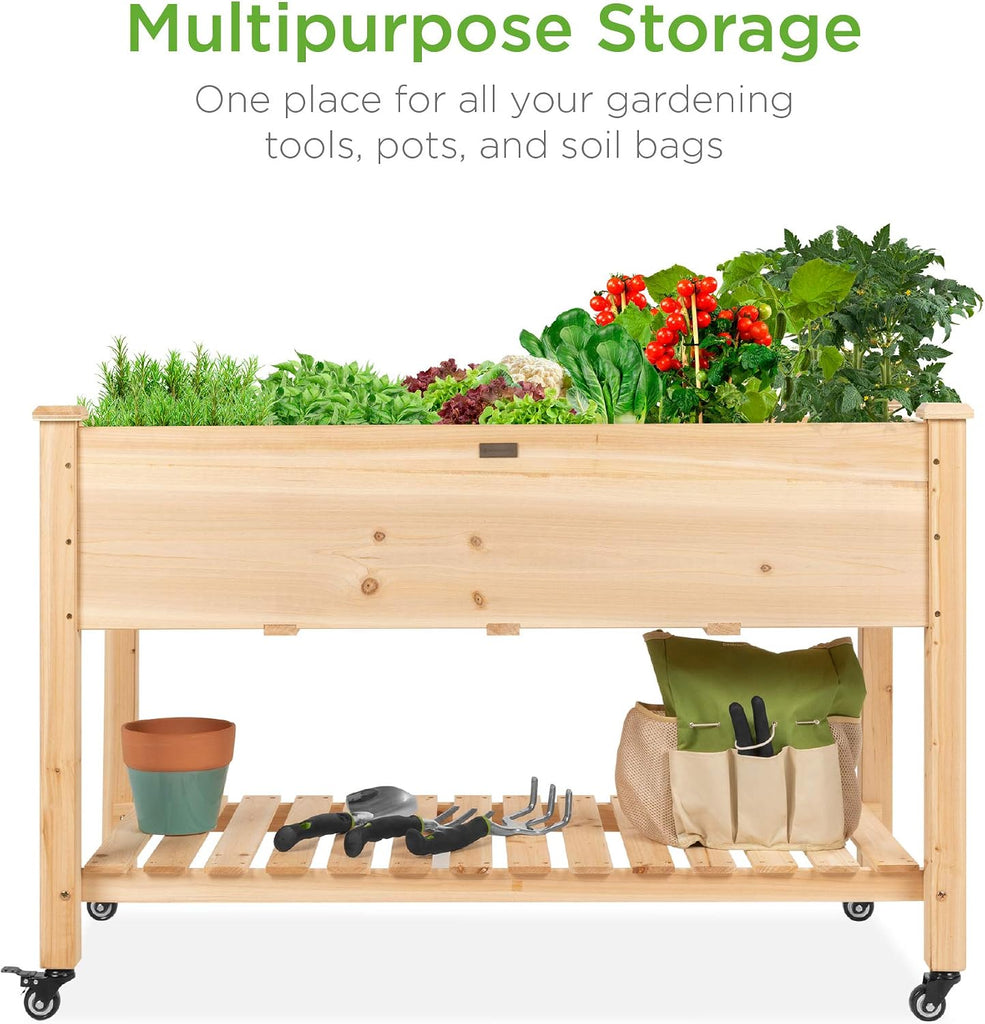 Raised Garden Bed 48x24x32-inch Mobile Elevated Wood Planter w/Lockable Wheels, Storage Shelf, Protective Liner