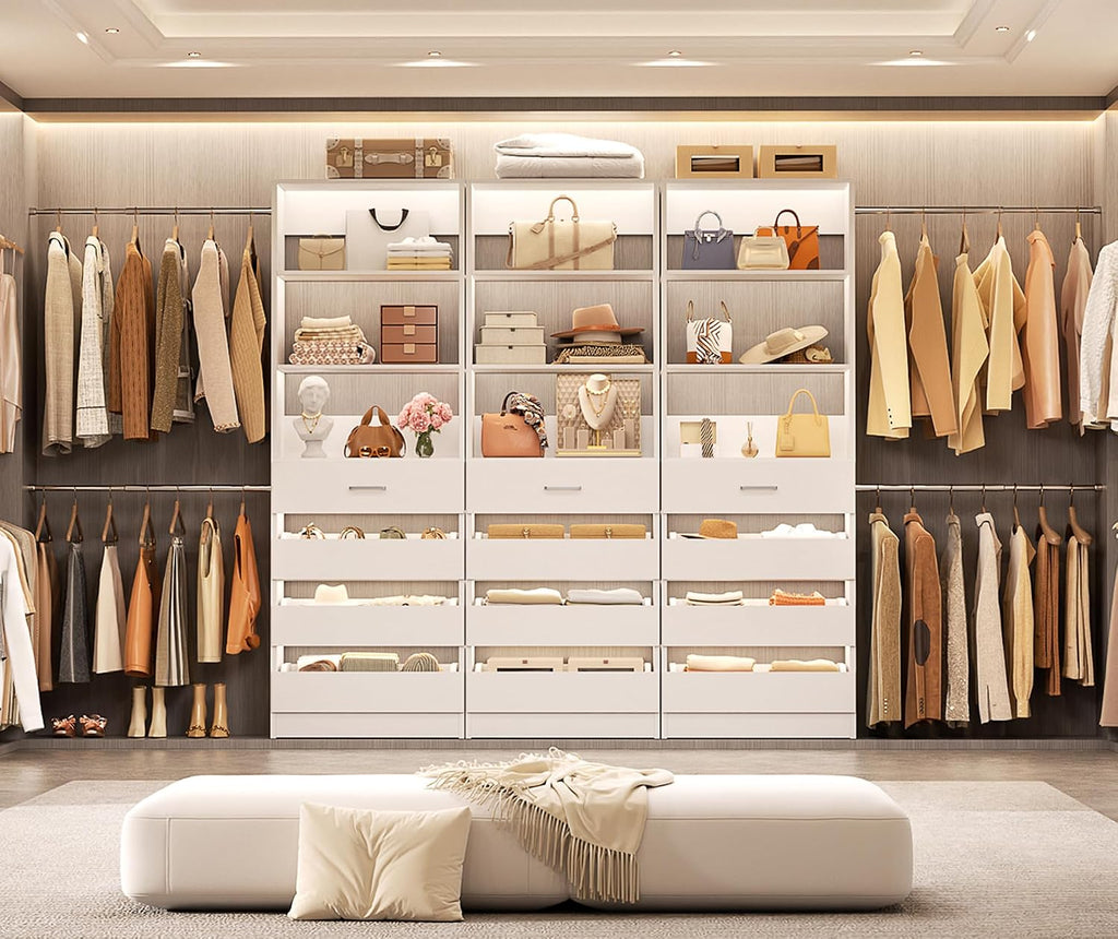 Closet System with 12 Drawers, 8.5-11.5Ft Wood Closet Organizer System with 4 Hanging Rods & 3 Towers, 4Ft & 6Ft