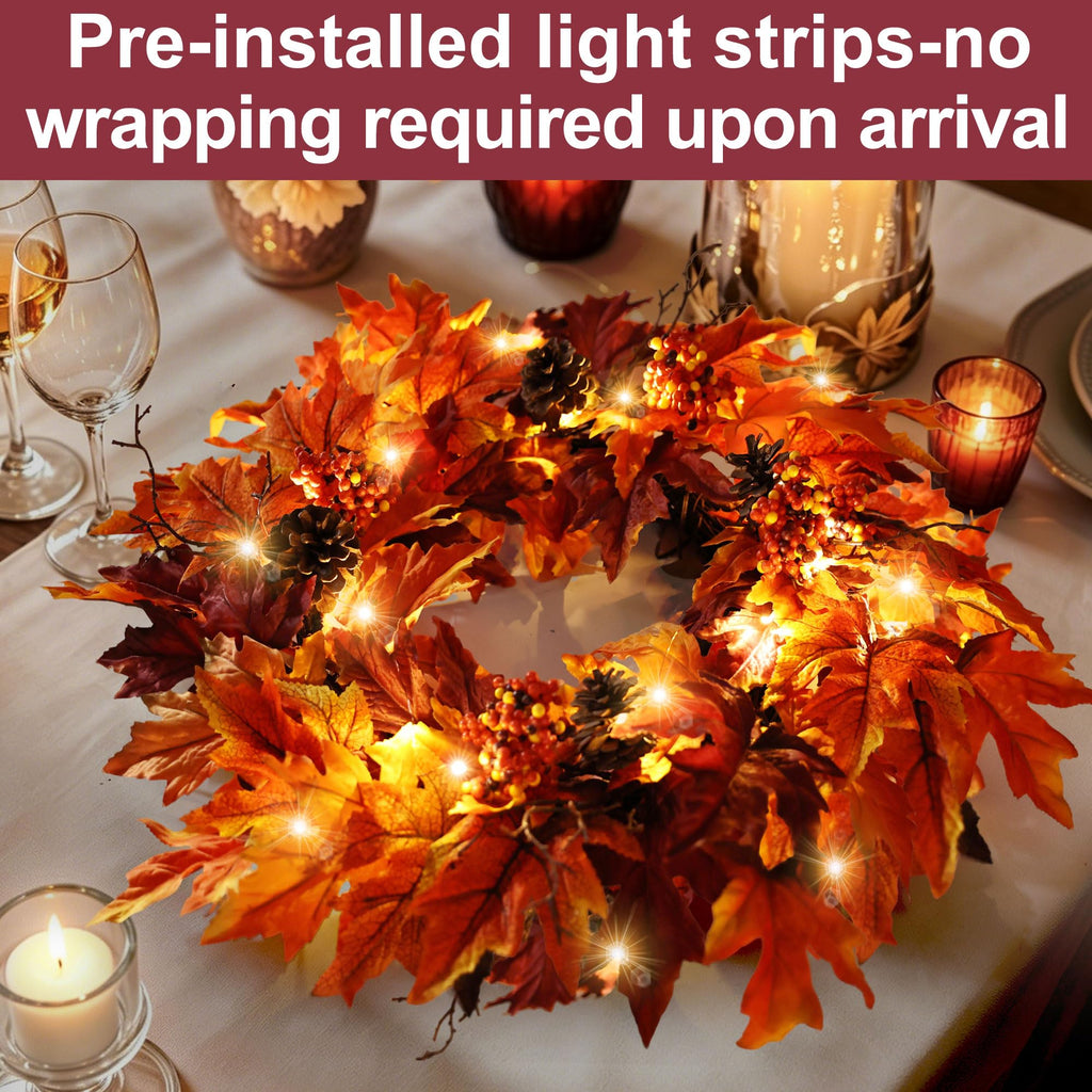 24in Fall Wreath for Front Door with 20 Lights & Timer
