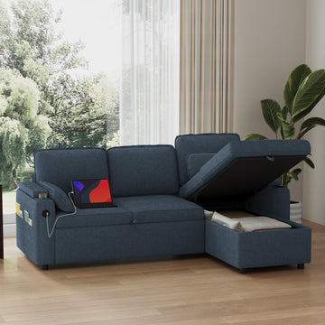 80" Sofa Bed Pull Out L Shaped Couch with Storage Chaise, Blue