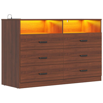 Dresser, 6 Drawer Dresser with Charging Station and Led Light, Modern Chest of Drawers (Walnut Brown)