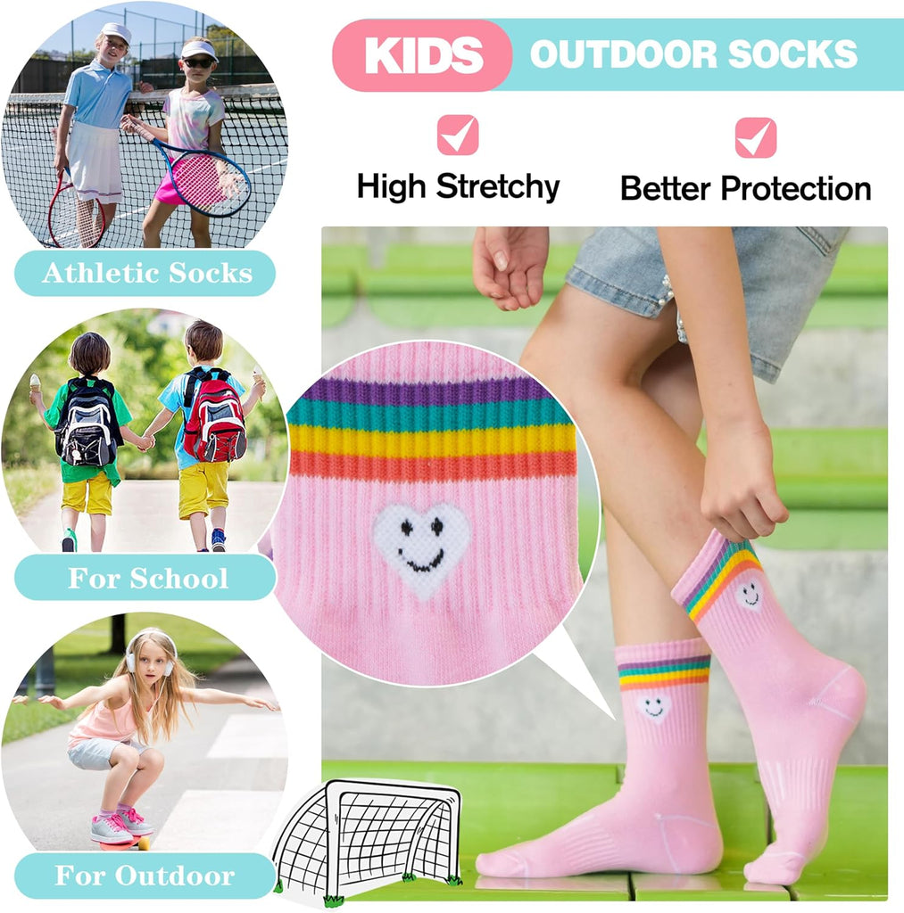 6 Pairs Girls Kids Socks Athletic Basketball Sport Crew Youth Cotton Soft Breathable Socks for Outdoor