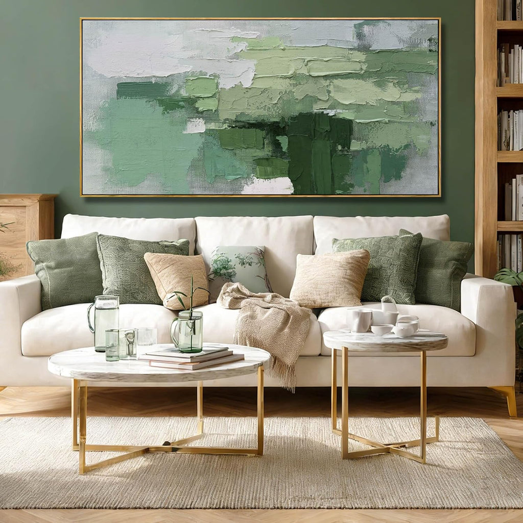 Light Green Abstract Wall Picture, Large Framed Canvas Artwork with Wooden Frame, Contemporary Textured