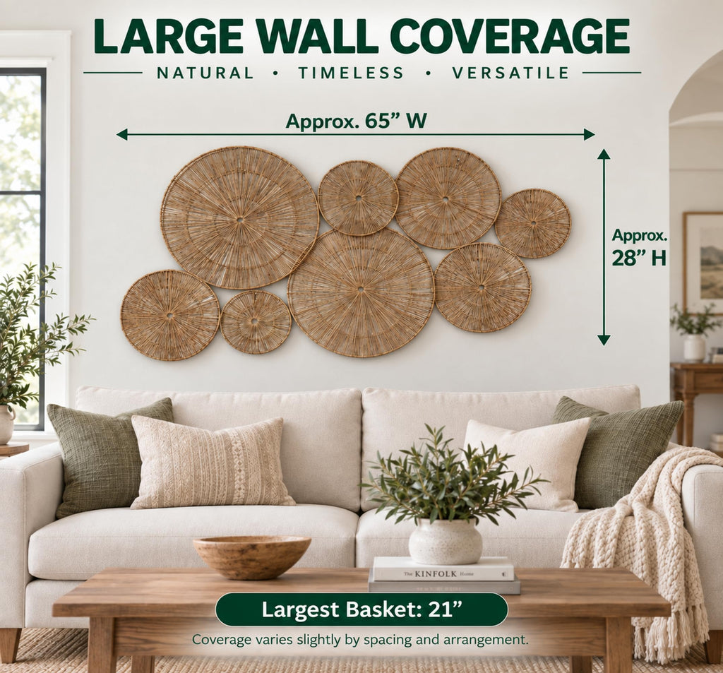 Extra Large 21 Inch boho woven basket wall decor set of 8 | hanging woven boho wall baskets decor set (21, 19, 15