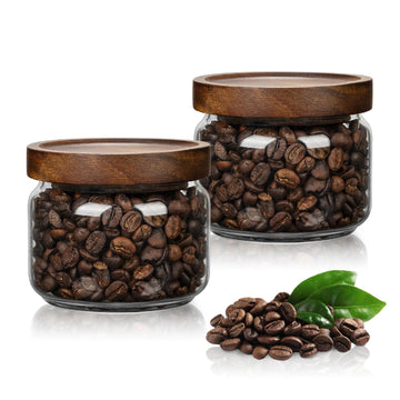 2PCS Small Glass Storage Jars with Airtight Lids, 11 fl oz (300ml) coffee container with Wooden Lid, Glass Pantry
