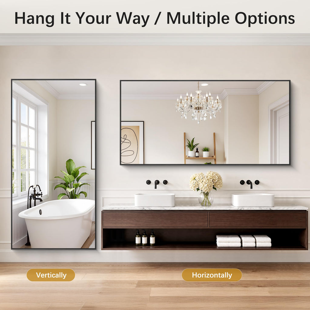 Black Bathroom Mirror for Wall, 72x36 Inch Rectangle Mirrors with Metal Frame, Modern Vanity Wall Mirror Decor Hangs