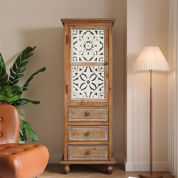 Solid Wood Tall Accent StorageCabinet,Narrow Carved Sideboard Buffet | Fir Wood 54" Tall Narrow Accent Storage
