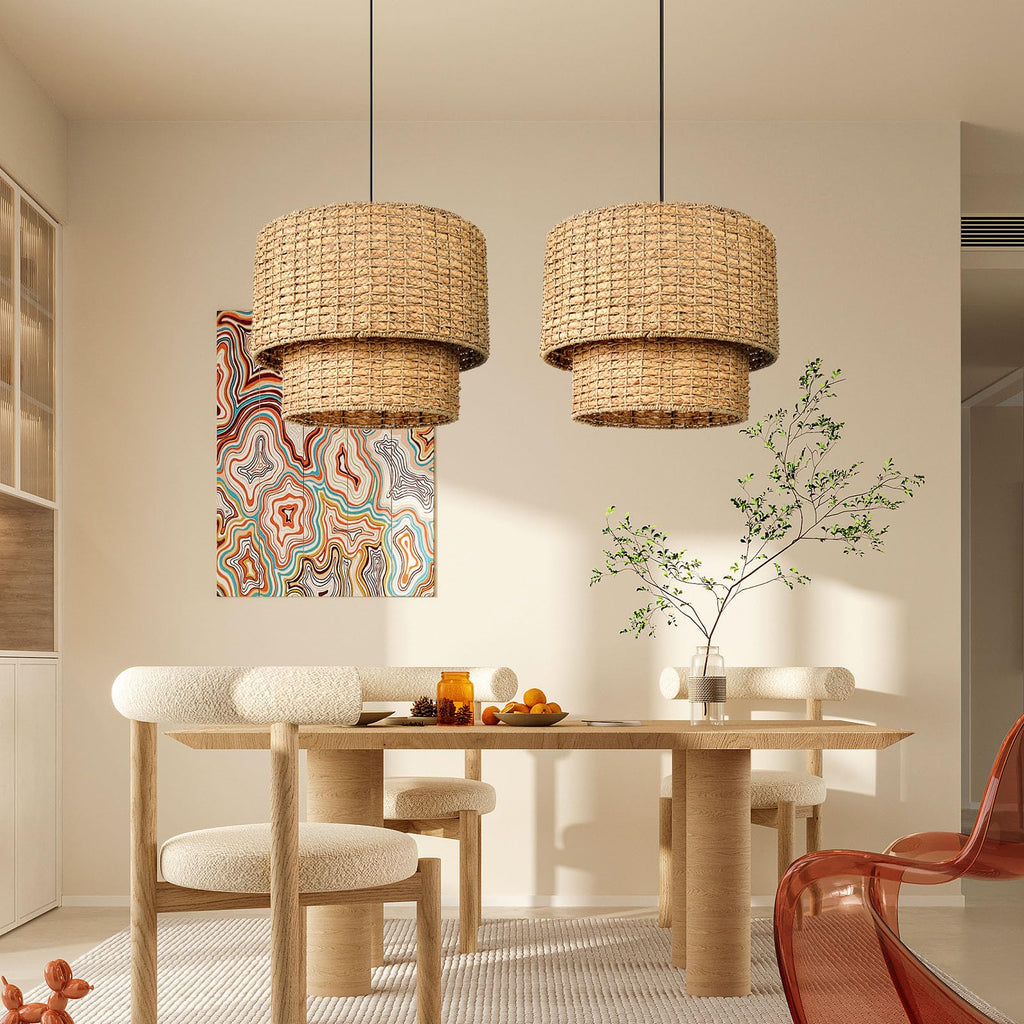 Rustic Pendant Light Fixture, Woven Rattan Lampshade Coastal Hanging Lighting, Adjustable Vintage Farmhouse