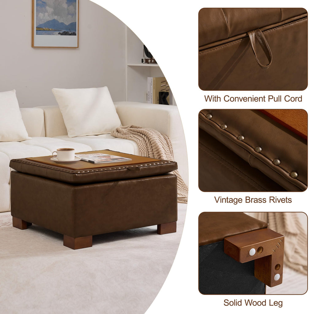 30" Faux Leather Square Storage Ottoman with Wooden Tray, Modern Tufted Button Footstool Coffee Table, Upholstered