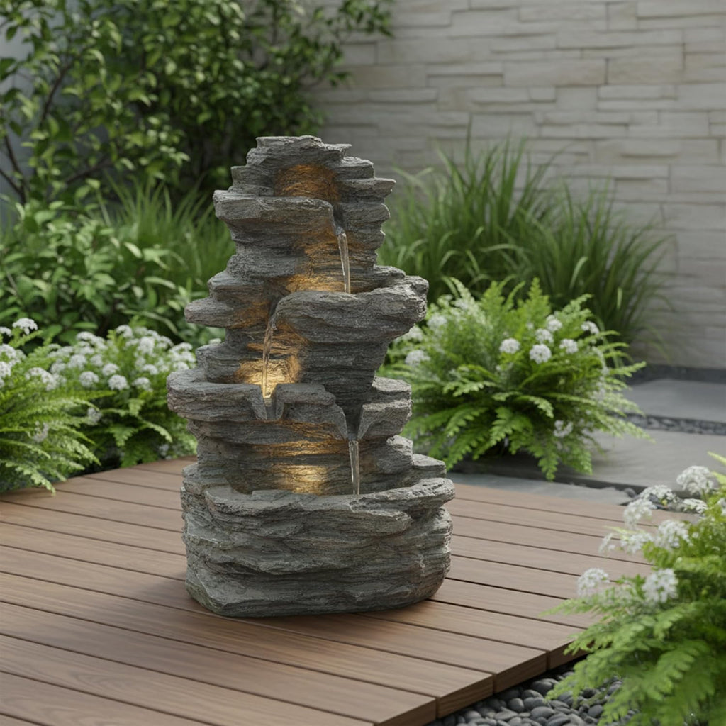 Tabletop Waterfall Fountain with Cascading Rock and LED Lights - Resin Tiered Stones Decor by (Gray)