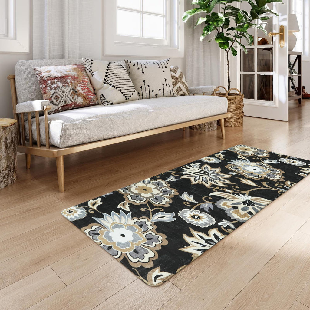 Floral Washable Rug Runner - Black Entryway Kitchen Runner Rug Non-Slip Ultra-Thin Stain Resistant, Paisley Print