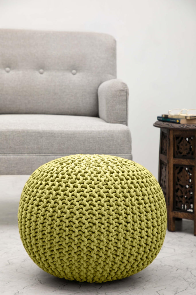 Round Green Pouf -Hand Knitted Cotton Braid Cord Dori Ottoman