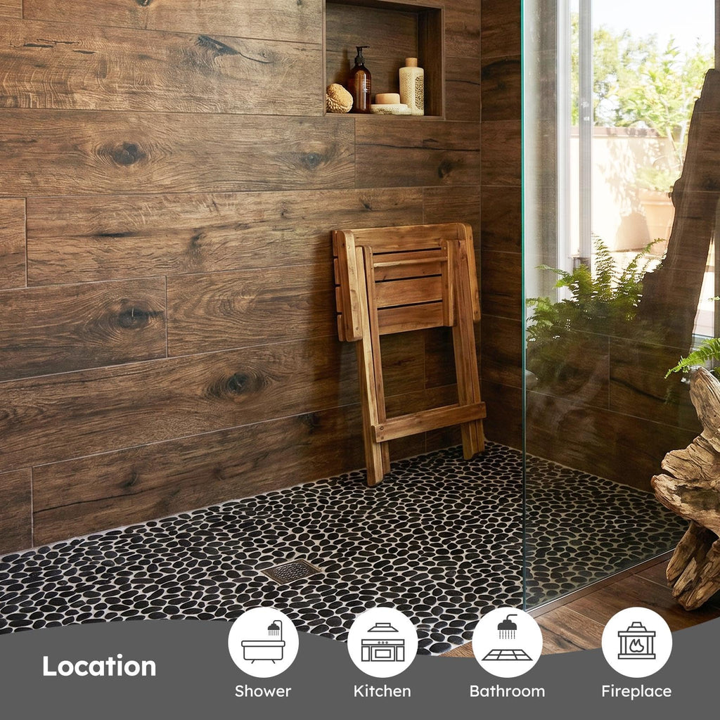 Pebble Tile for Shower Floor, Black Oval Tumbled, 5 Sheets