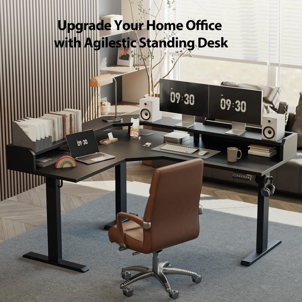 63 Inch L Shaped Electric Standing Desk with Shelf, Black