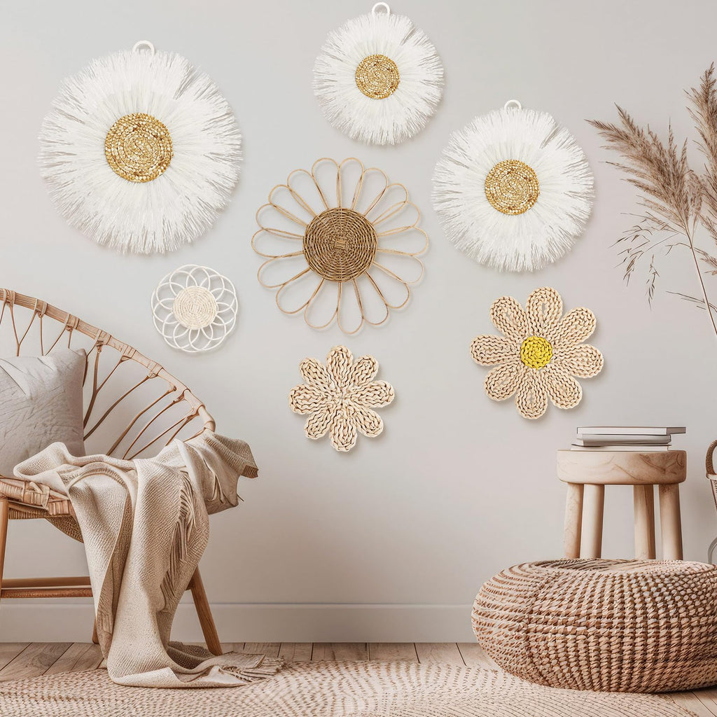 7 Pcs Boho Wall Basket Decor Rattan Flower, Milky White