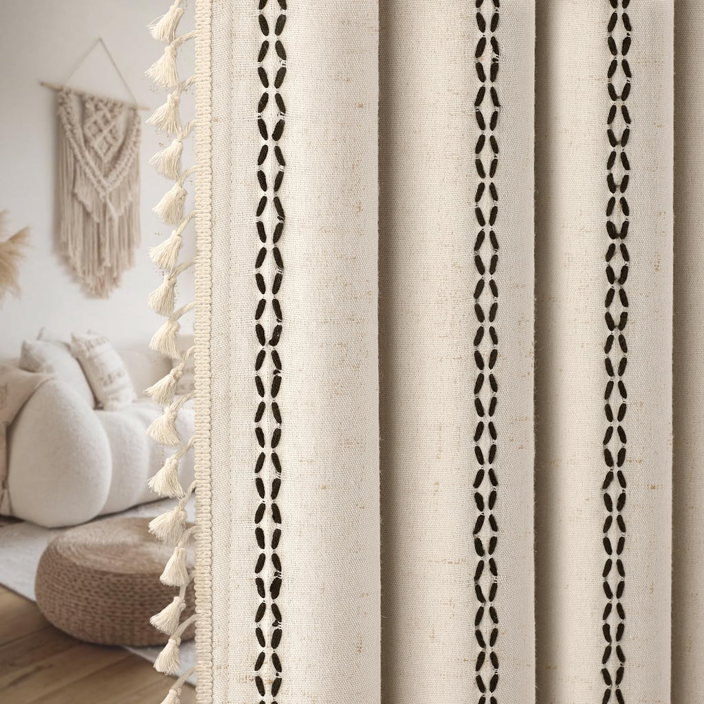 Beige 100% Boho Blackout Curtains 84 Inch 2 Panels with Tassels