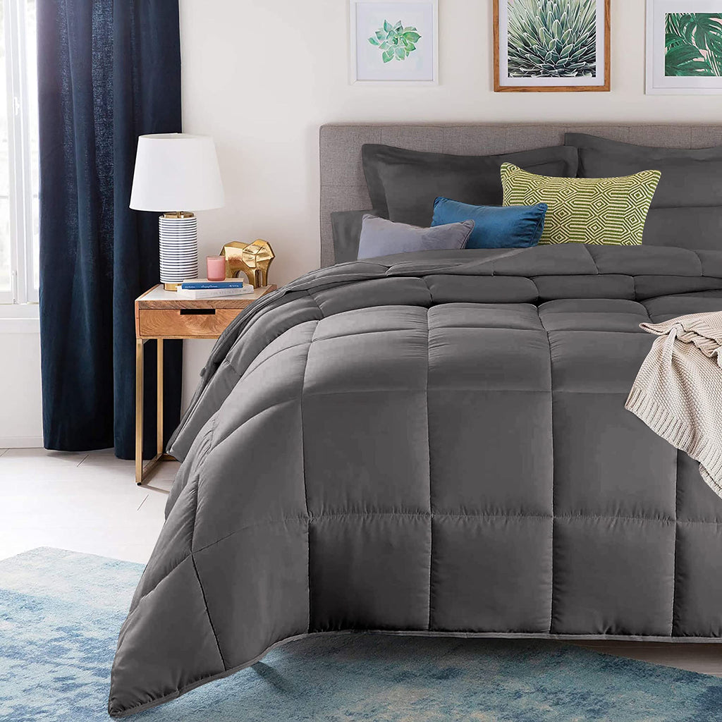 Full/Queen Size 1000 Thread Count | 550 GSM Fiber Fill | Solid Dark Grey Down Alternative 3 Piece Box Design