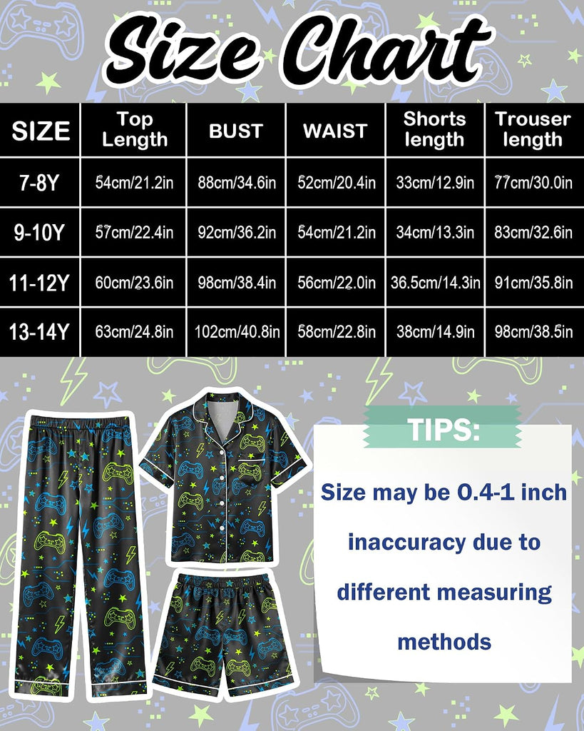 Boys Pajamas Silky Satin Piece Pant Shirt Shorts Sleepwear Pjs Set for Kids Button Down Loungewear