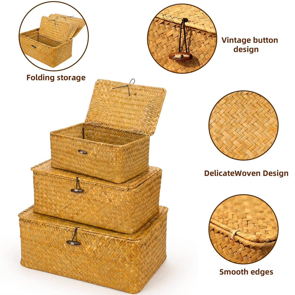 Boho Nesting Shelf Baskets with Lid, Set of 3 Household Organizer Bins, Compact Handwoven Seagrass Wicker Basket for