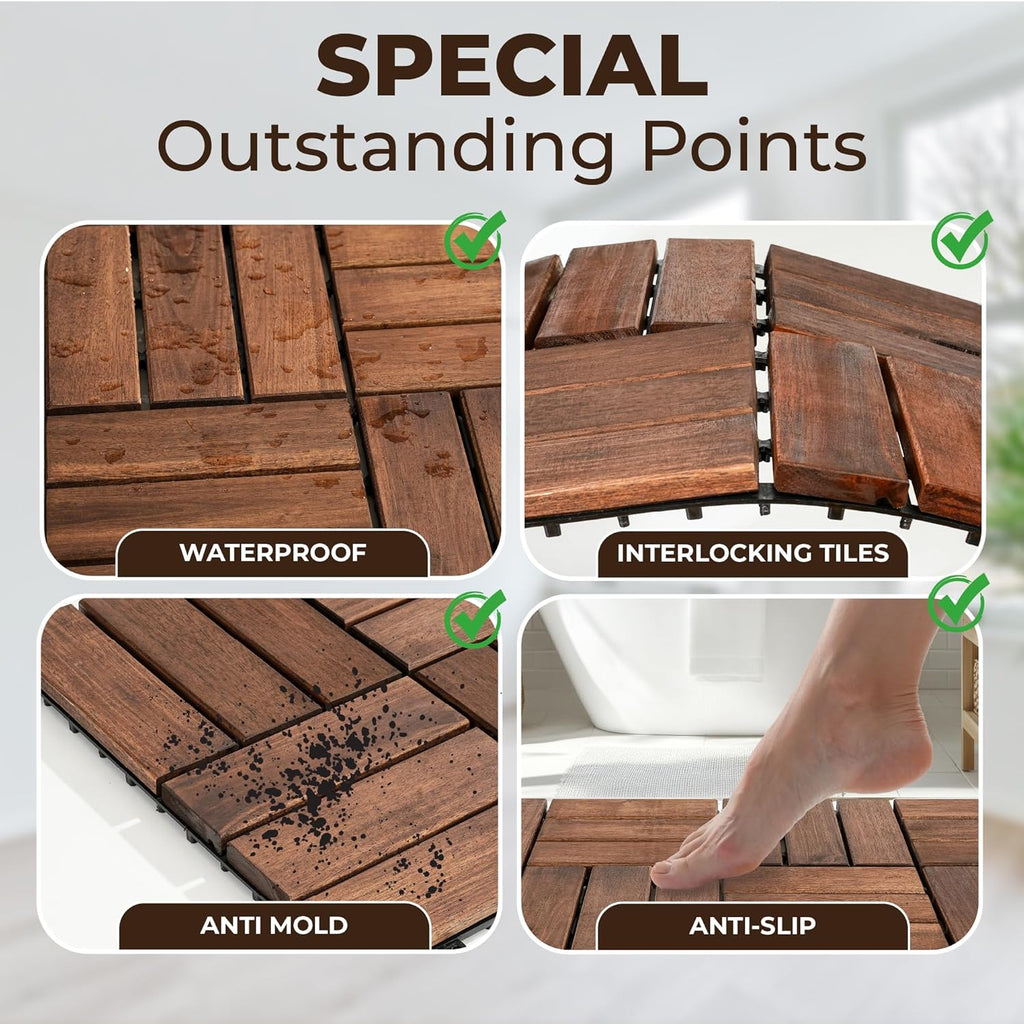 Premium Acacia Wood Interlocking Deck Tiles - Set of 9 pcs, 12"x12", Waterproof Outdoor Patio Flooring