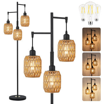 Boho Rattan Tree Floor Lamp, Black Dimmable Standing Lamp