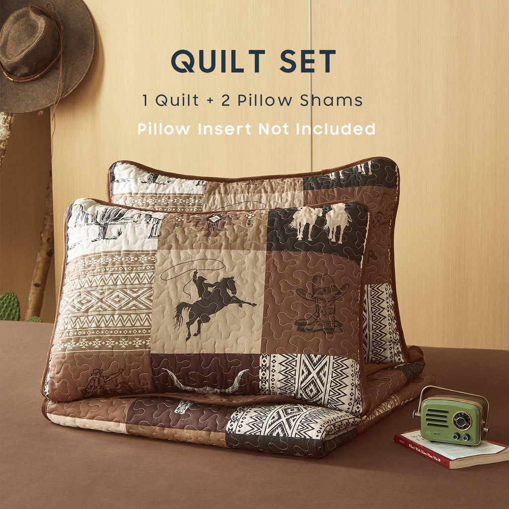 Quilt Set, Southwestern Aztec Country Horse Cowboy Rustic Ranch Pattern Printed, Reversible Lightweight Bedspread