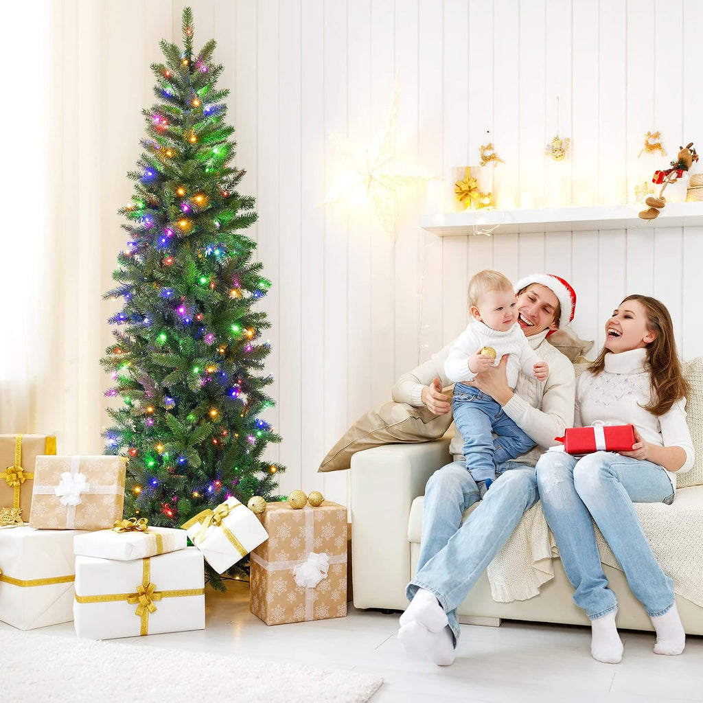 7.5ft Pre-Lit Pencil Christmas Tree, Hinged Artificial Slim Tree with 796 PVC PE Branch Tips, 350 LED Lights