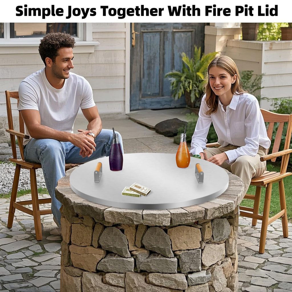 Fire Pit Lid Round 34" - Stainless Steel Firepits Cover with Wooden Handles Firepits, Rust Resistant 1.5mm Fire Pits