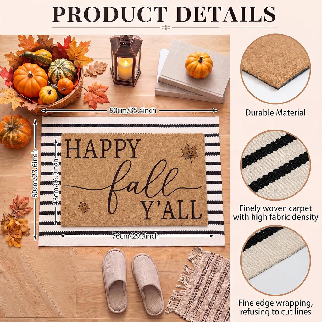 Front Door Mat Wreath Set, 3 Pcs, for Porch, 29.9'', Fall Leaf | Leaf Pumpkin Black Farmhouse Faux Coir Doormat