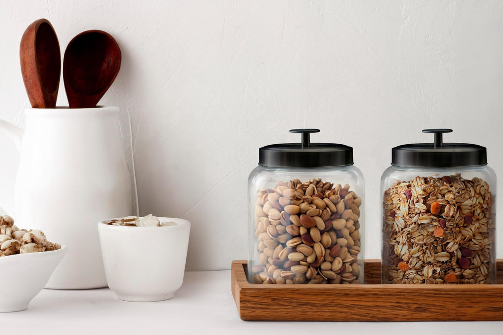Glass Kitchen Canister Set, Food & Storage Containers for Pantry, Bathroom Apothecary Jars, Tinplate Lids, Counter